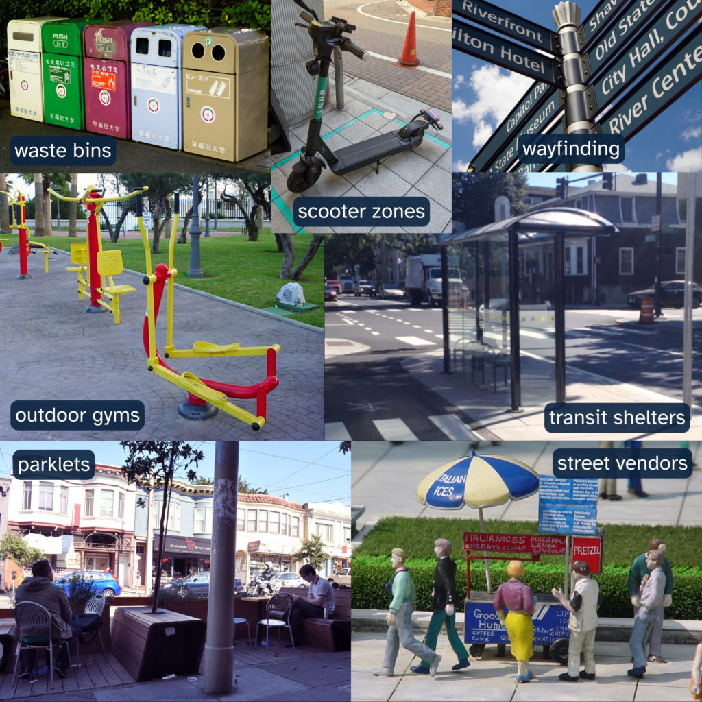 Collage of photographs depicting: waste bins, scooter zones, wayfinding signage, outdoor gyms, transit shelters, parklets, and street vendors.
