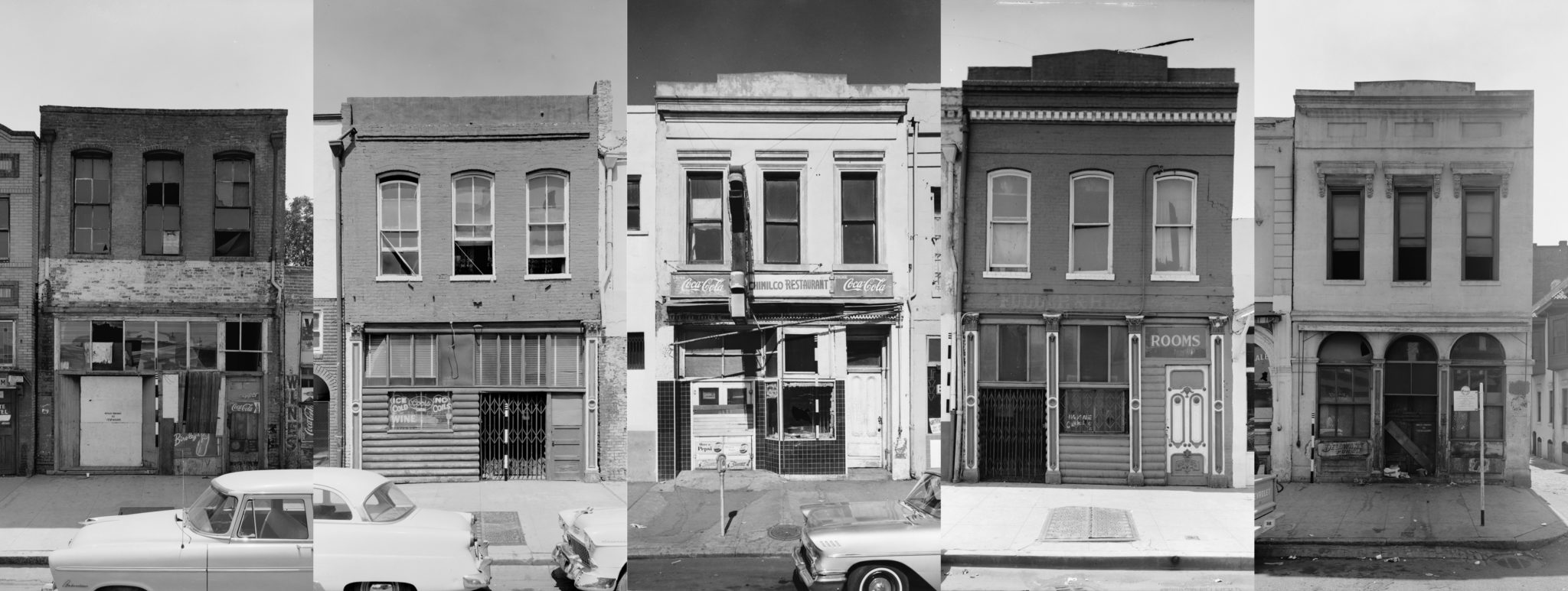 A collage of 5 traditional Sacramento buildings, photographed in the 1950s before demolition to make way for the I-5 freeway through Downtown.