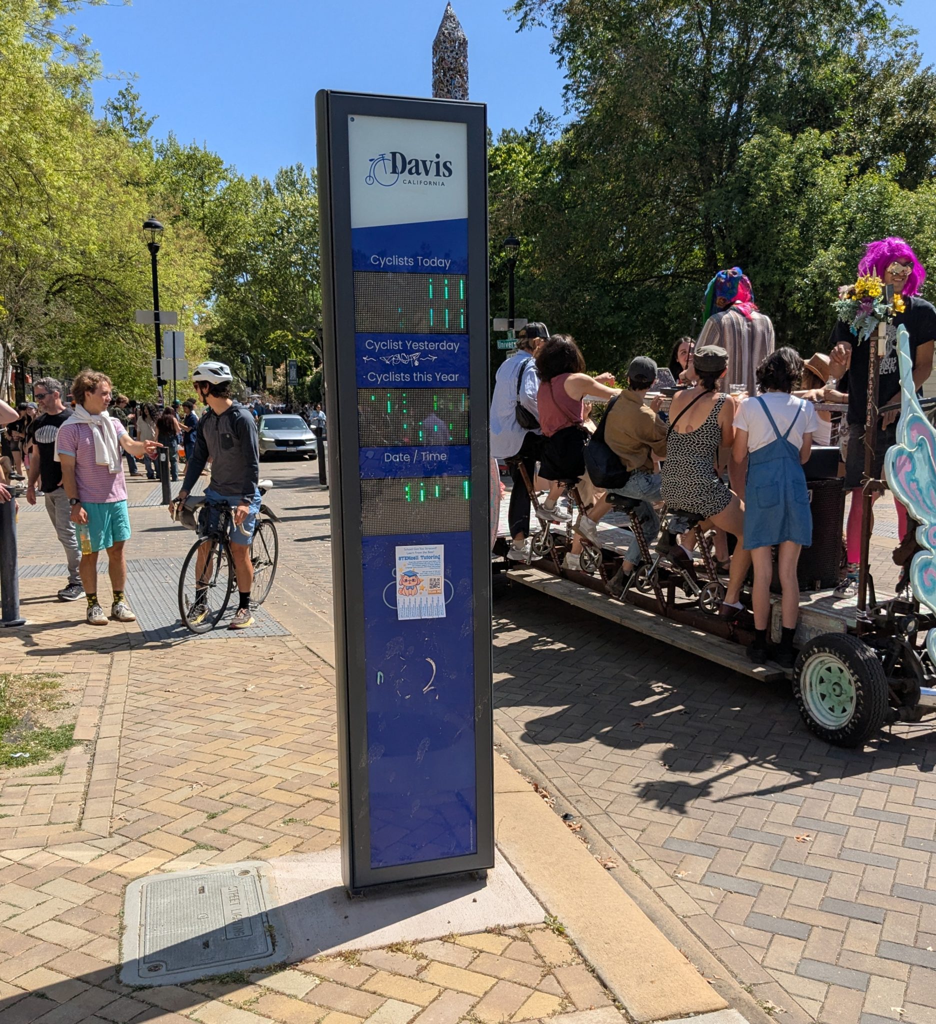 City of Davis Bike counter with people on the sidewalk in the background and people on a bike bus.